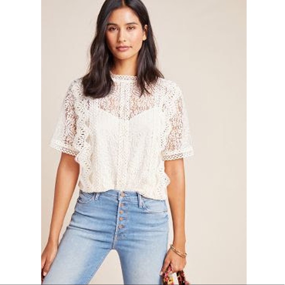 NWT Anthropologie Women's Carson Lace Top Ivory